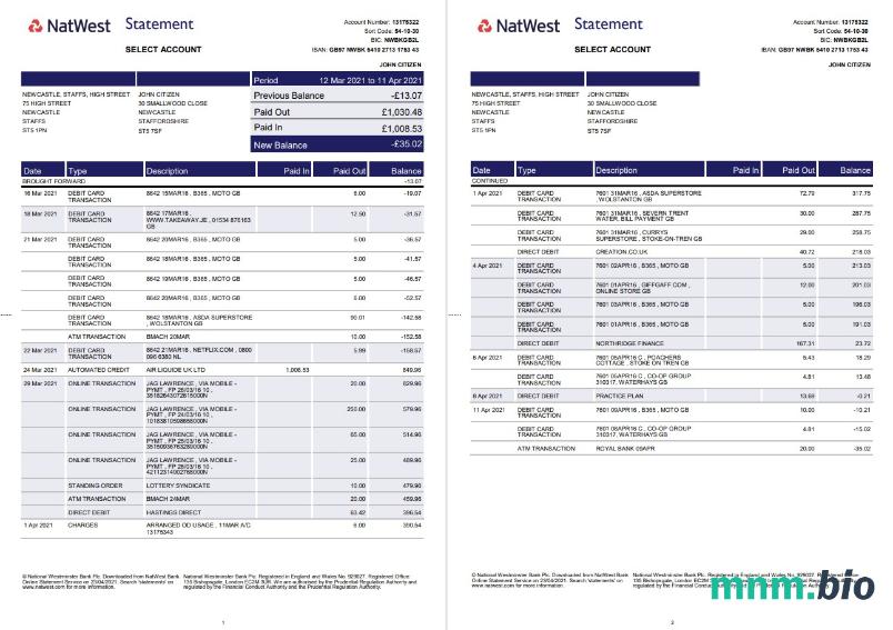 United Kingdom Natwest Bank statement template in Excel and PDF format (2 strony)